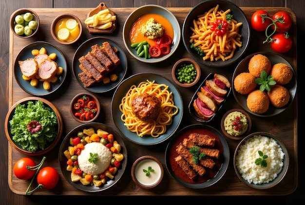 Photo top view table full of delicious food composition delicious popular foods item