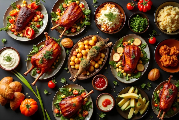 Photo top view table full of delicious food composition delicious popular foods item