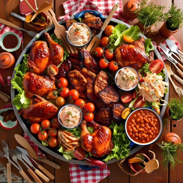 Top view table full of delicious food composition Fresh grill bbq chicken