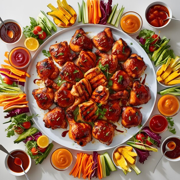 Top view table full of delicious food composition Fresh grill bbq chicken