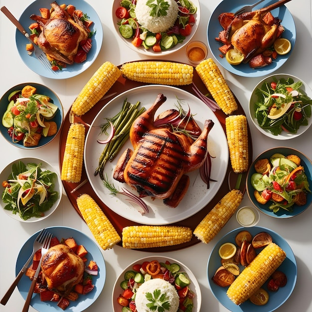 Top view table full of delicious food composition Fresh grill bbq chicken