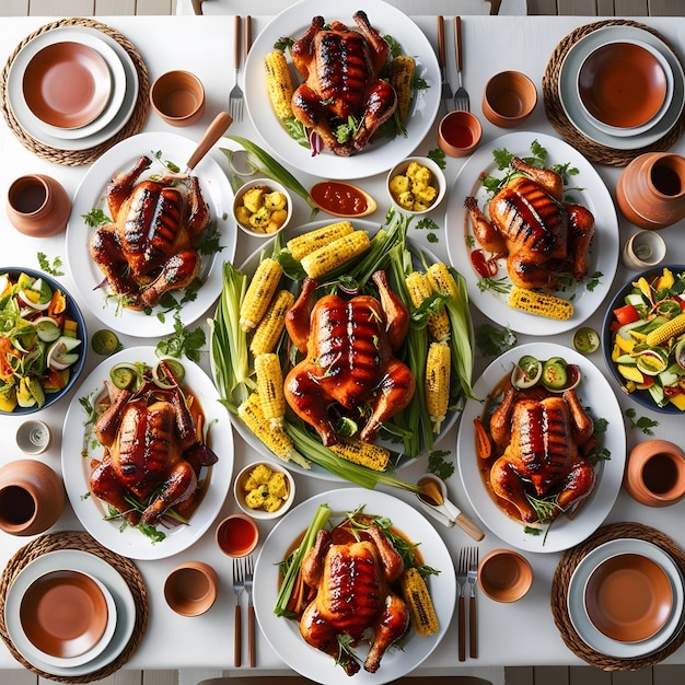 Top view table full of delicious food composition Fresh grill bbq chicken