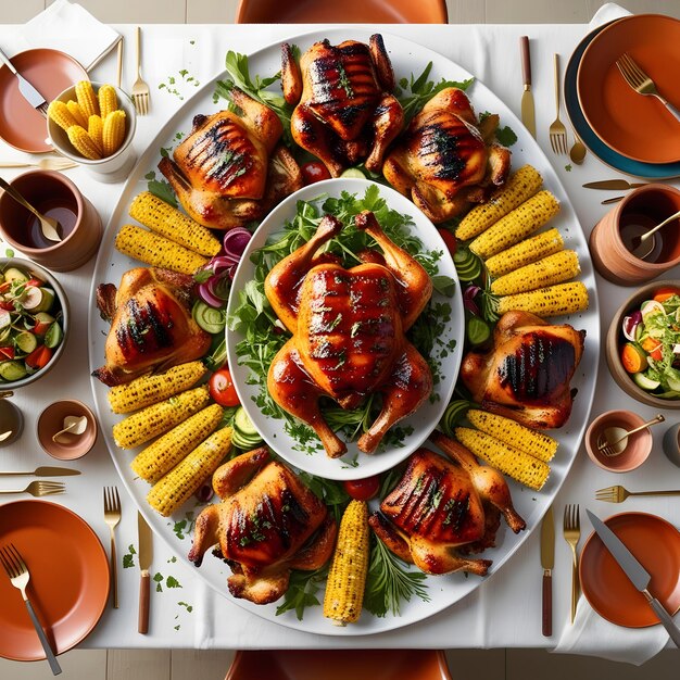 Top view table full of delicious food composition Fresh grill bbq chicken