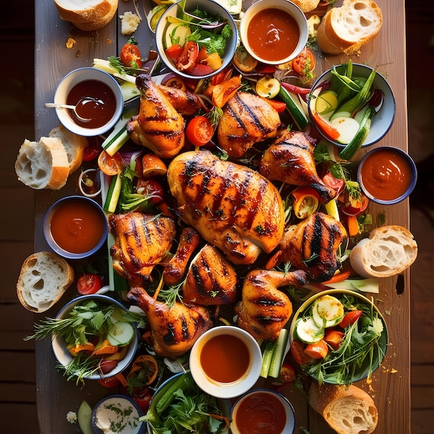 Top view table full of delicious food composition Fresh grill bbq chicken