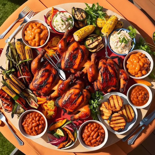 Top view table full of delicious food composition Fresh grill bbq chicken