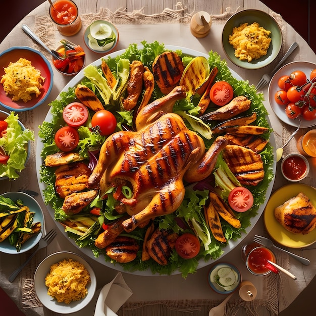 Top view table full of delicious food composition Fresh grill bbq chicken