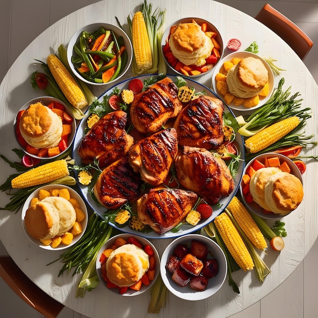 Top view table full of delicious food composition Fresh grill bbq chicken