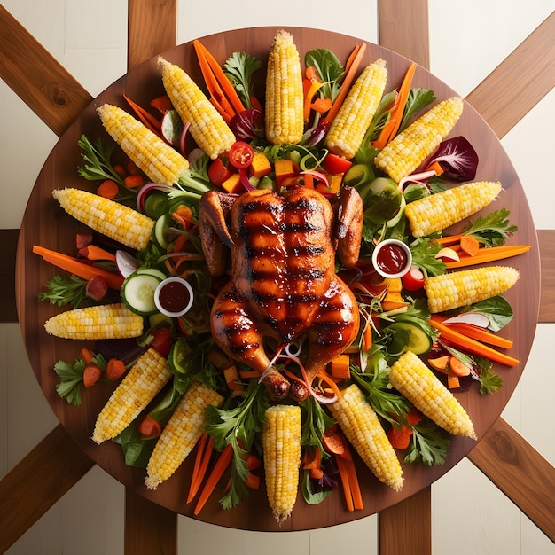 Top view table full of delicious food composition Fresh grill bbq chicken