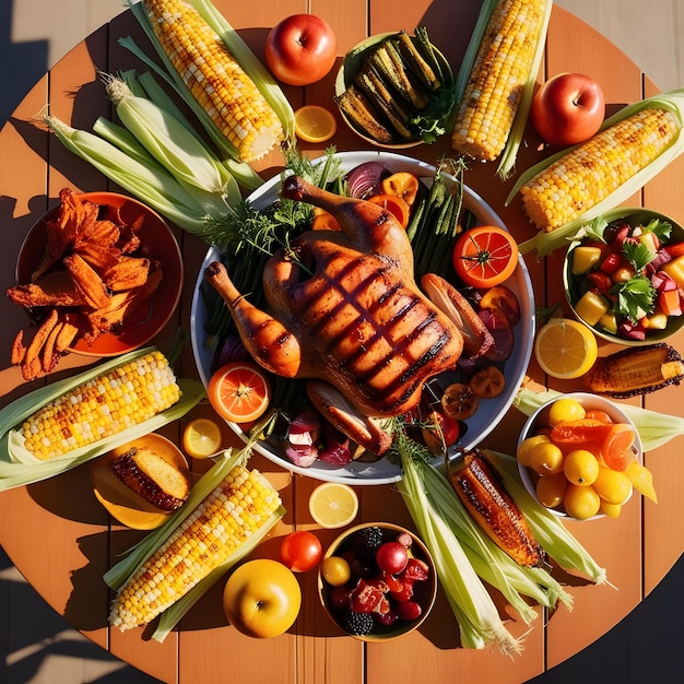 Top view table full of delicious food composition Fresh grill bbq chicken