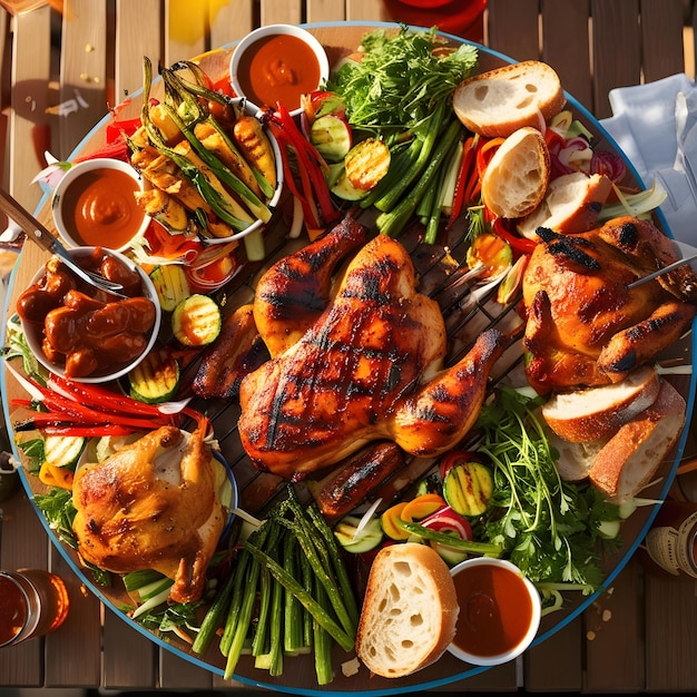 Top view table full of delicious food composition Fresh grill bbq chicken