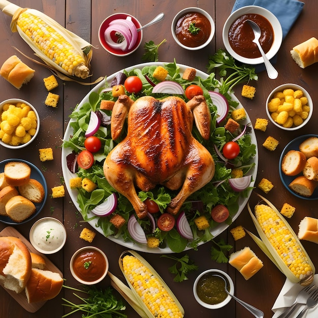 Top view table full of delicious food composition Fresh grill bbq chicken