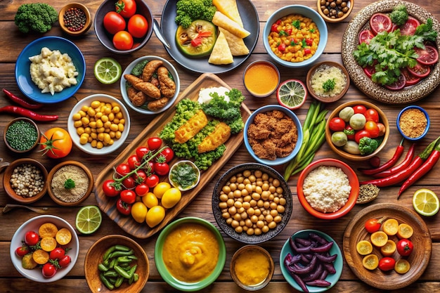 Photo top view table full of delicious food composition