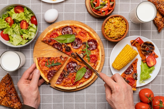 Top view on table full of food