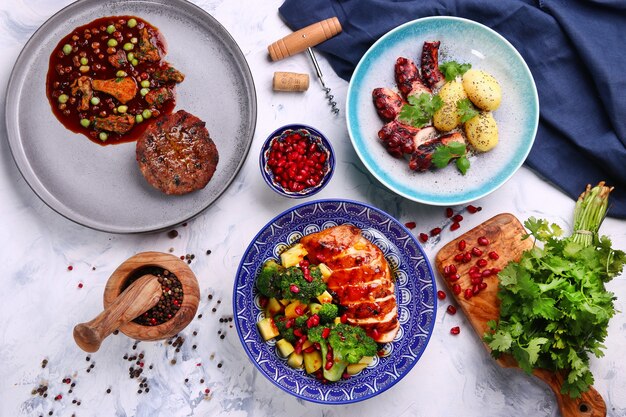 Top view table full of tasty dishes