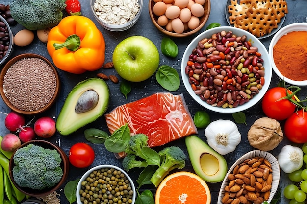 Top view on table full of various types of food