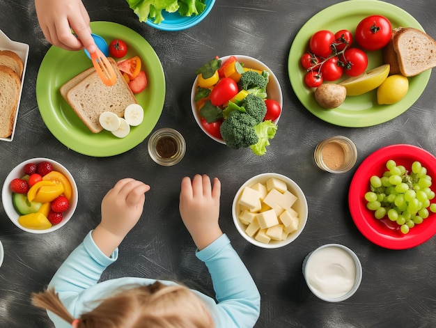 Photo top view of a table with dishes for children healthy nutrition for a child kids children