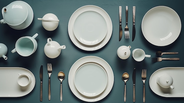 Photo top view of table with empty dishes