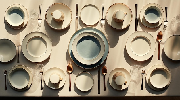 Photo top view of table with empty dishes