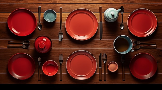 Photo top view of table with empty dishes