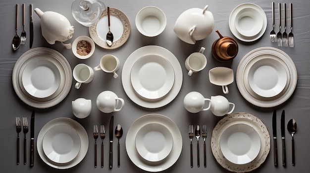 Photo top view of table with empty dishes