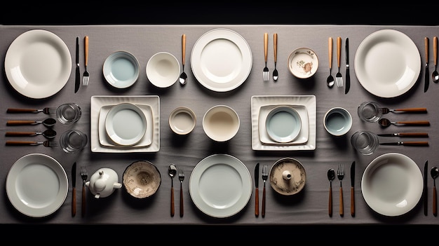 Photo top view of table with empty dishes