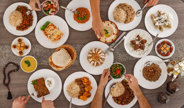 Top view of table with food. Lebanese cuisine.