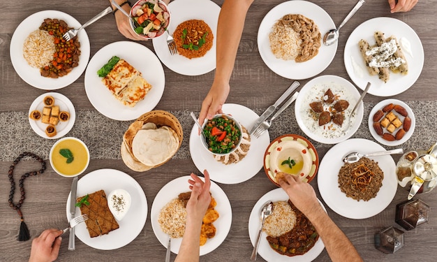 Top view of table with food. Lebanese cuisine.