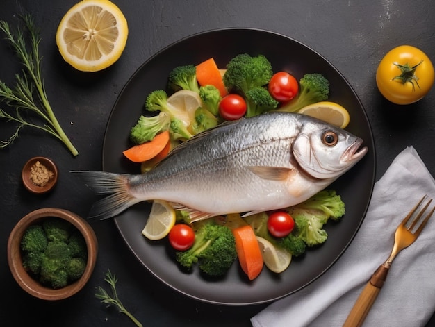 Top view tasty cooked fish with fresh vegetables on a dark table