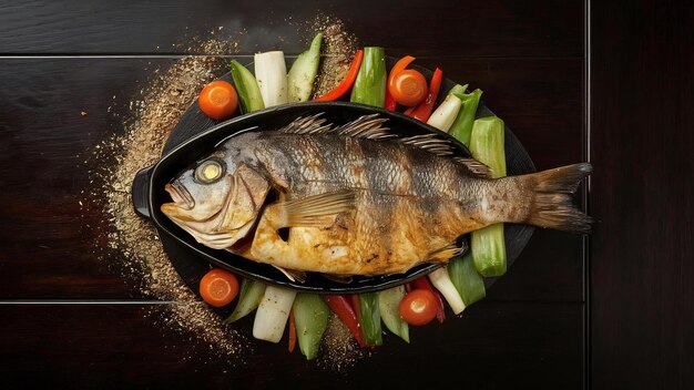 Top view tasty cooked fish with fresh vegetables and seasonings on dark table