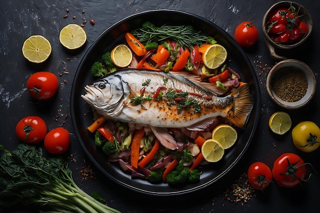 top view tasty cooked fish with fresh vegetables and seasonings