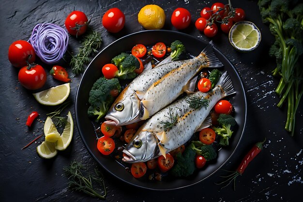 top view tasty cooked fish with fresh vegetables and seasonings