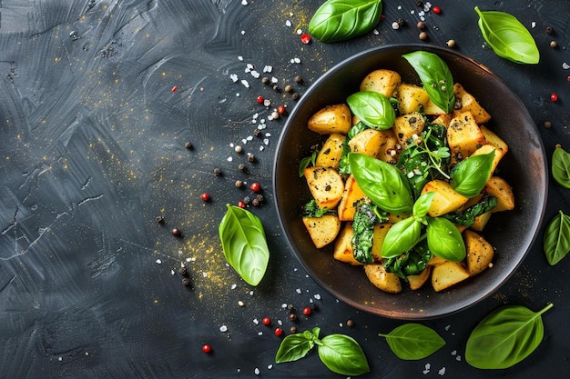 Top view tasty cooked potatoes with greens on a dark surface potato dinner dish cips cooking meal