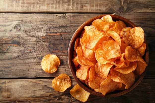 Top view of tasty crispy chips on a bowl on a beige wooden table