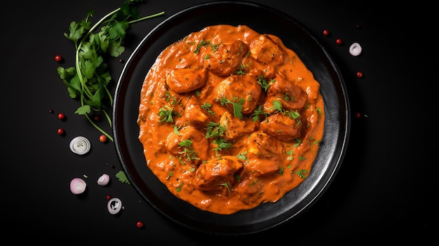 Top view tasty food chicken tikka plate isolated on a black background