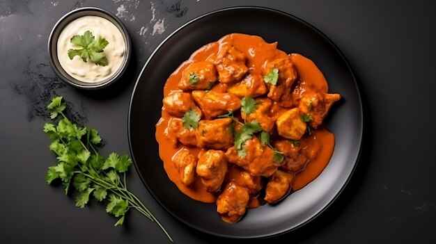 Top view tasty food chicken tikka plate isolated on a black background