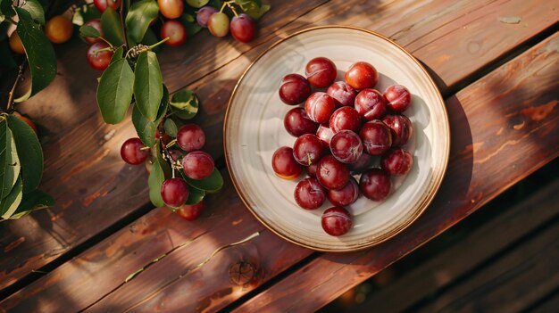 Top view of tasty fresh plums on the table in the garden