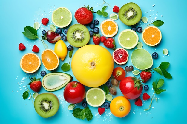 Top view tasty fruits on blue background