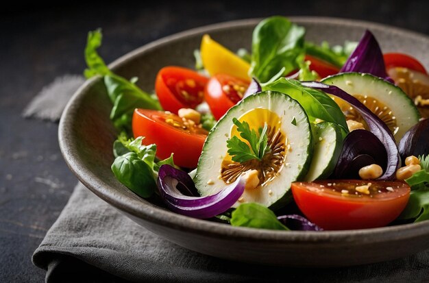 Top view tasty vegetable salad inside plate on dark