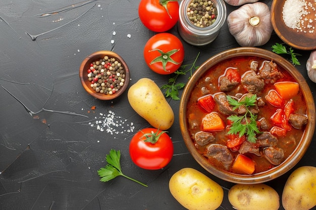 Top view tasty vegetable soup with meat and potatoes on a dark table dish meat meal food