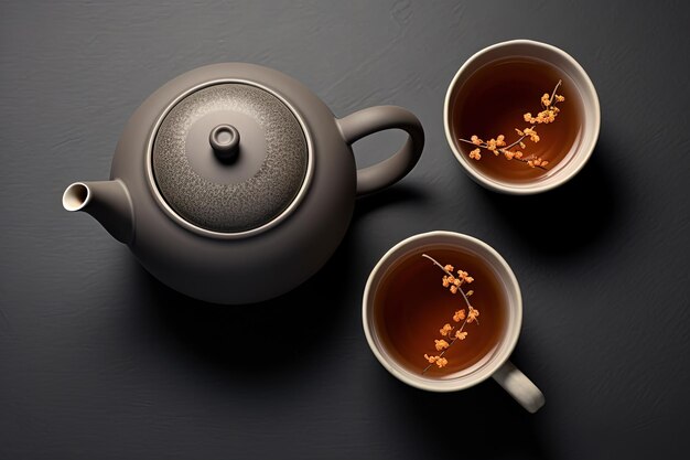 Top view of teapot sugar bowl and cup of tea on a grey background