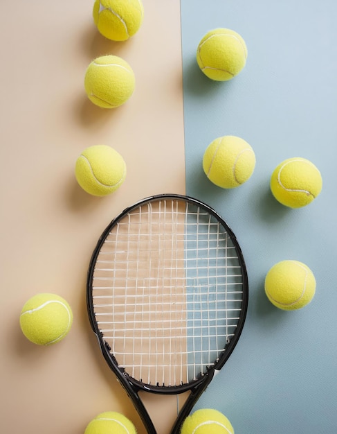 Top View of Tennis Gear Racket and Balls Flat Lay on Blue Background