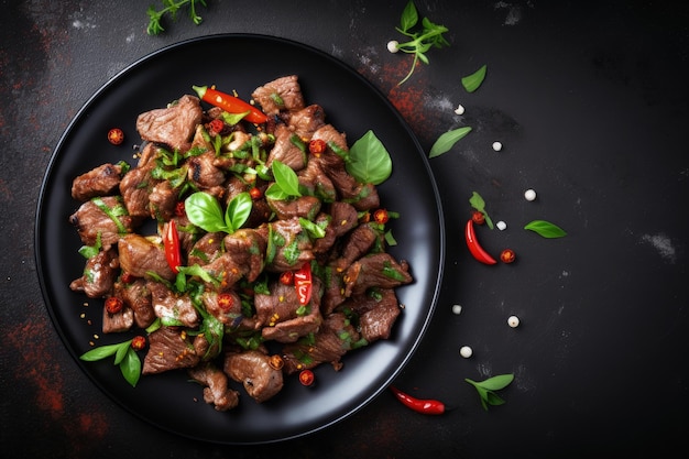 Top view of Thai beef stir fry with basil and pepper on dark stone background copy space