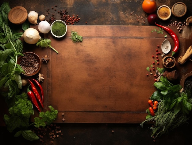 Top view Thai food menu and raw materials around on wooden Empty space on center