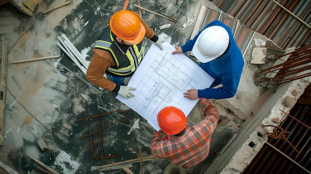 top view of three Engineers Discussing Blueprints at a Highrise Construction Site