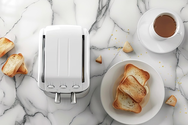 Photo top view of a toaster with toasted bread slices