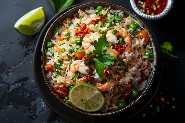 Top view of Tom Yum Fried Rice on a black background A taste of Thai Cuisine Concept Thai Cuisine Tom Yum Fried Rice Top View Black Background Food Photography