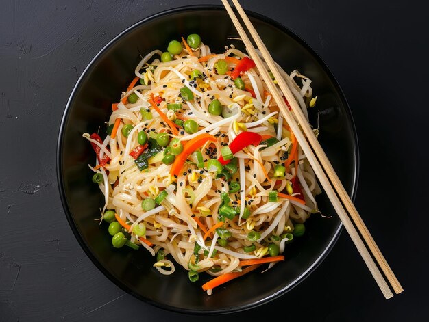 Photo a top view of a traditional asian dish on a black bowl with two chopsticks bright tonality