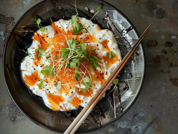 Photo a top view of a traditional asian dish on a black bowl with two chopsticks bright tonality