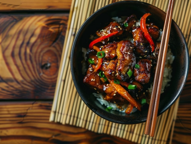 A top view of a traditional asian dish on a black bowl with two chopsticks bright tonality