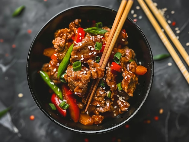 A top view of a traditional asian dish on a black bowl with two chopsticks bright tonality